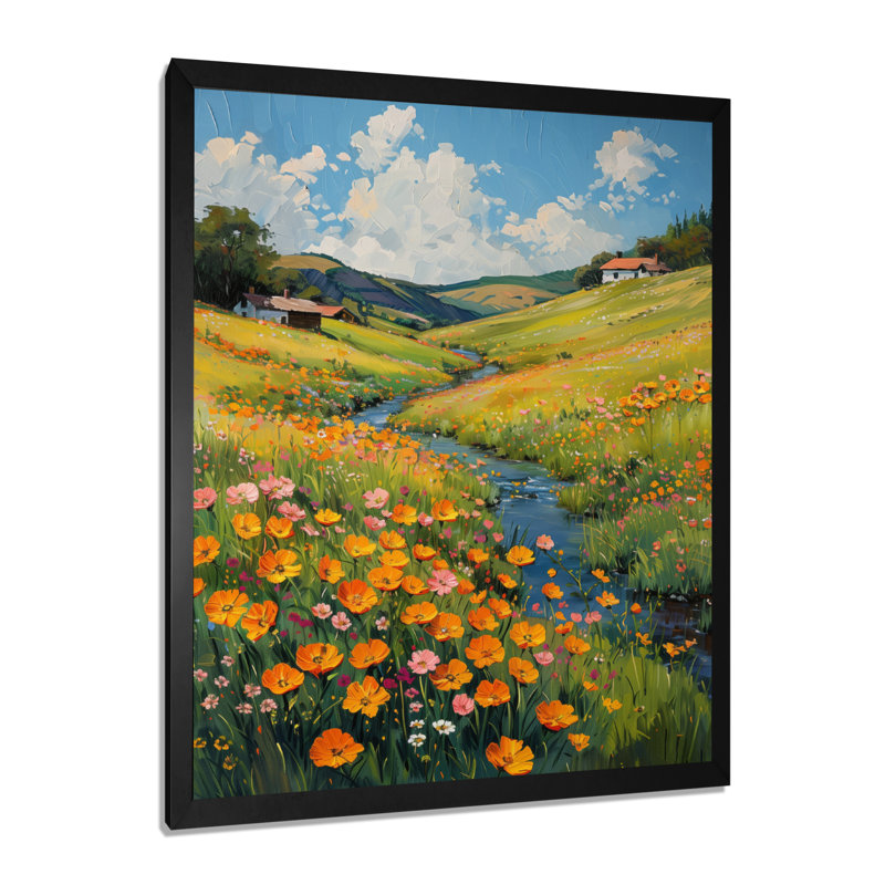 «Yellow Wildflower Summer Meadow Breeze II - Wildflowers», reproduction d'art murale, Cadre simple noir, H 24 po x l 32 po