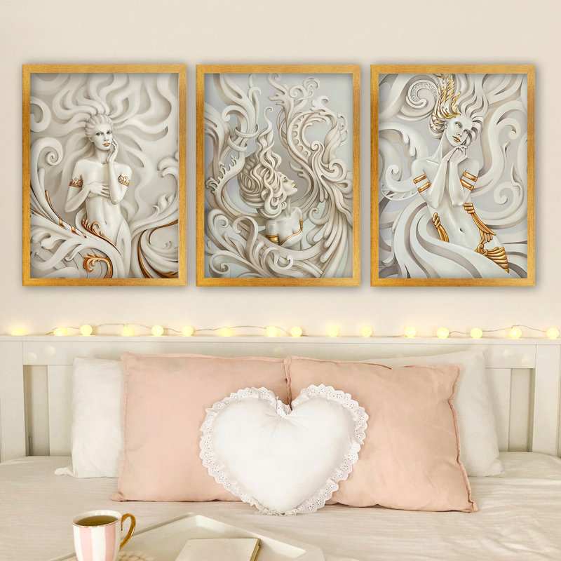 Ensemble de 3 peintures élégantes encadrées décoratives, 13,8 x 17,7 pouces chacune | 100% panneau de fibres à densité moyenne avec cadre en plastique durable, épaisseur: 0,8 pouce | Parfait pour la décoration intérieure, le salon et l'esthétique de bureau