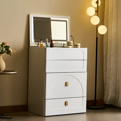 Coiffeuse compacte blanche avec 3 tiroirs, miroir rabattable, tabouret rembourré, éclairage à DEL et rangement dissimulé pour le maquillage de chambre à coucher en 1 pièce