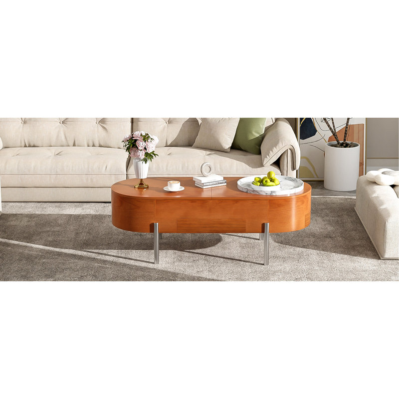 47.2''Lift Top Coffee Table With 360-Degree Marble-Patterned Rotating Tray,Hidden Compartment, Partially Assembled Wooden Centre Table, Modern Oval Lift Tabletop For Home Living Room