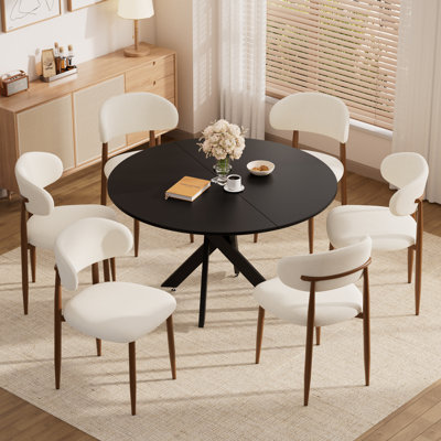 Ensemble de table de salle à manger ronde rustique, table de cuisine de ferme avec base en X et chaises rembourrées, ensemble de salle à manger moderne pour petits espaces avec sièges en tissu beige pour appartement, salle à manger