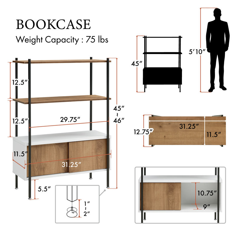 Dayne 45"H 3-Tier Bookshelf with Sliding Door Cabinet