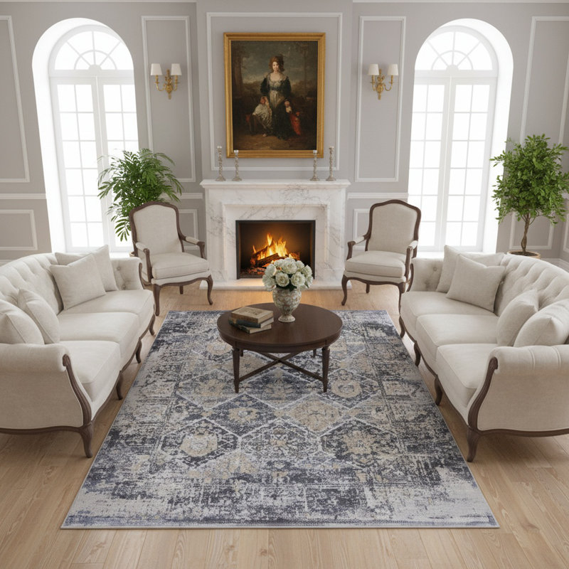 Tapis traditionnel gris / bleu Payas, Rectangle 5 pi 3 po x 7 pi 6 po
