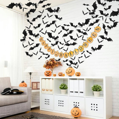 140-Piece 3D Halloween Bat Decorations, Black PVC Bat Stickers, Reusable Wall & Window Decals for Halloween Parties, Home & Haunted House