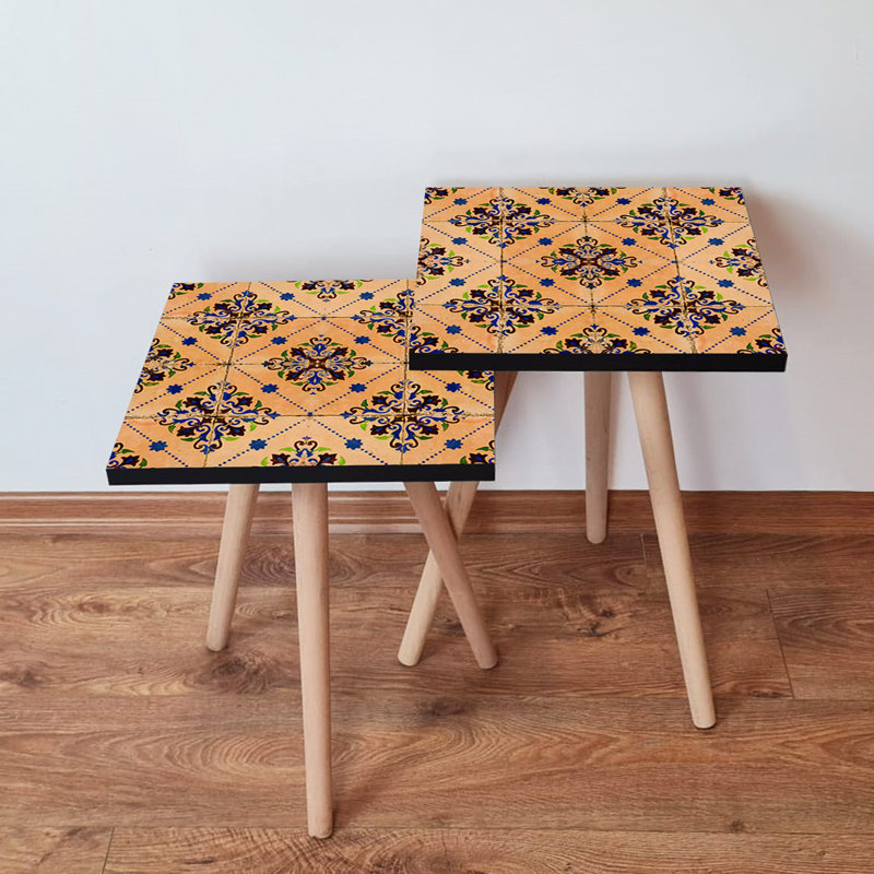 Elegant Nesting Table Set (2 Pieces), Salmon & Navy Blue with Green & Brown Ethnic Damask Design, 13.8 x 18.5 x 13.8 in & 13.8 x 16.5 x 13.8 in | 100% MDF with Beech Wood Legs | Stylish & Functional for Living Room