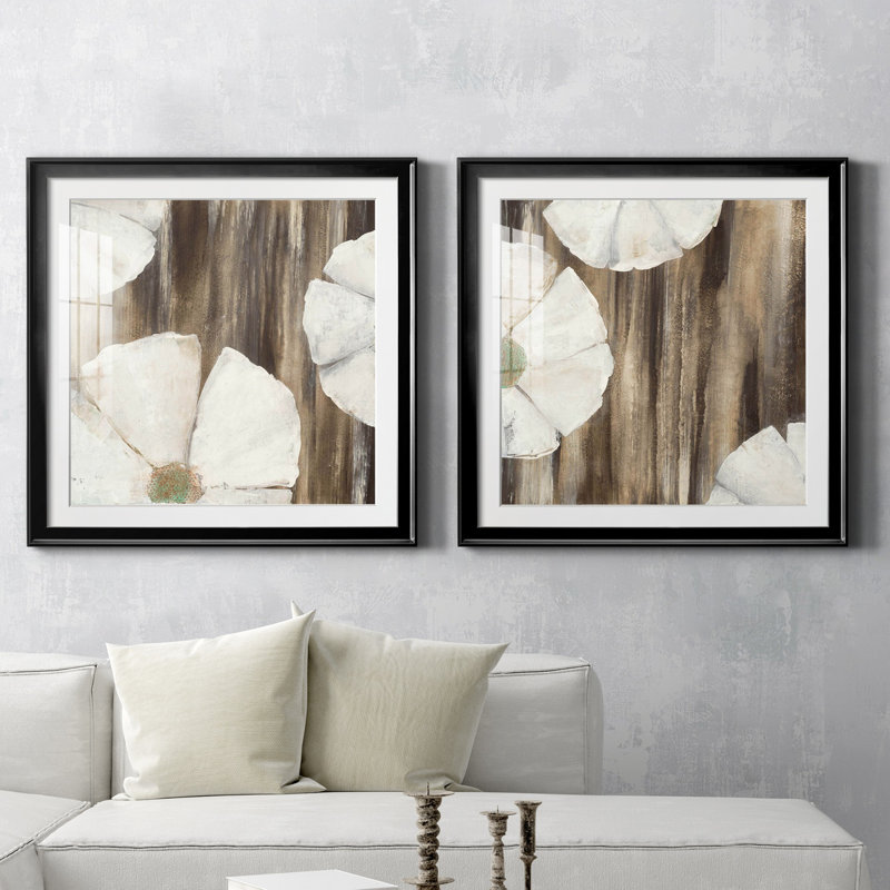 «Night Blooms I», ensemble de 2 reproductions d'art sur toiles, Cadre noir, Blanc, H 26,5 po x l 53 po x P 1,5 po
