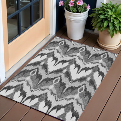 Tapis intérieur / extérieur gris lavable en ikat 3 pi x 5 pi