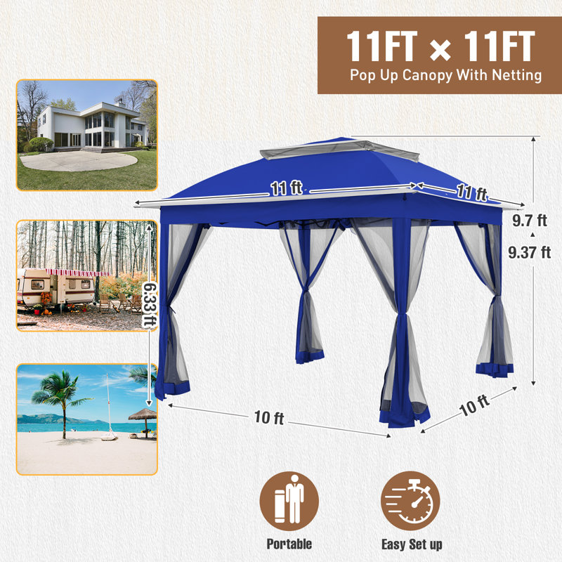 11 Ft. W x 11 Ft. D Pop Up Canopy Patio Gazebo with Mesh Wall, Deep Blue/Gray