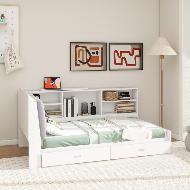 Wood  Platform Bed With Storage Headboard, Shelves And 2 Drawers,, Twin, White