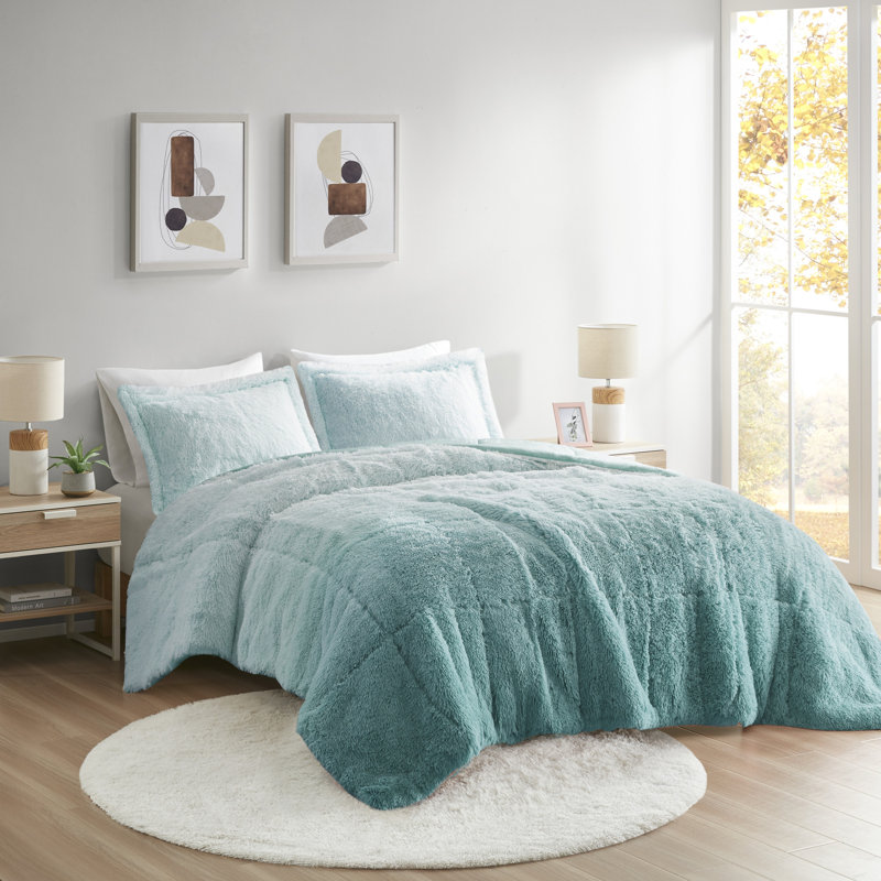 Malea Shaggy Faux Fur Ultra-Soft Comforter Set, Full/Queen Comforter + 2 Standard Shams, Aqua Ombre