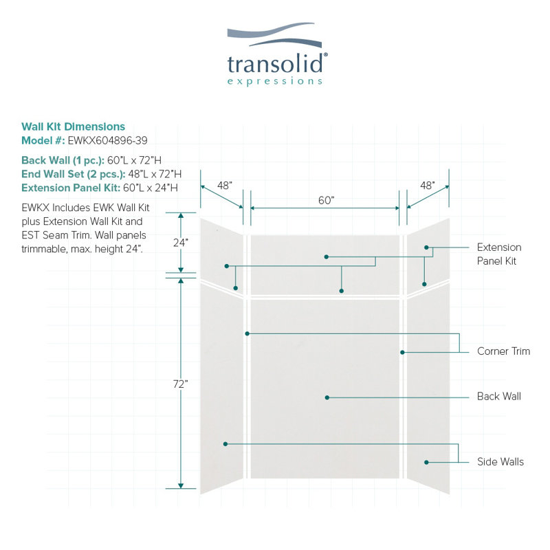 Expressions 6 Panel Shower Wall, Gray, 72" H x 60" W x 48" D