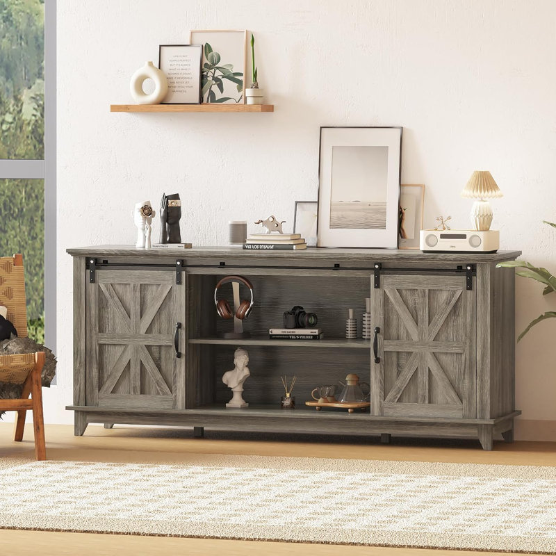 Wood TV Stand for 75" Televisions, Media Console with Sliding Barn Doors & Storage, Adjustable Shelf for Living Room