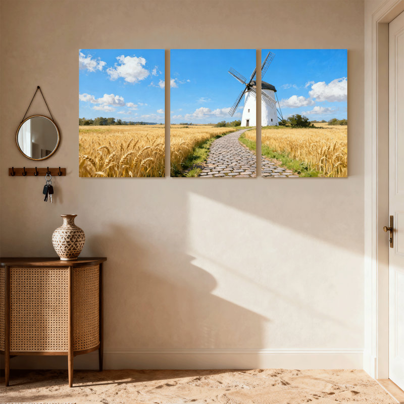 Scénario et paysage urbain, champ de blé, moulin à vent, chemin du ciel, nuages, soleil bleu, ensemble de 3 impressions sur toile