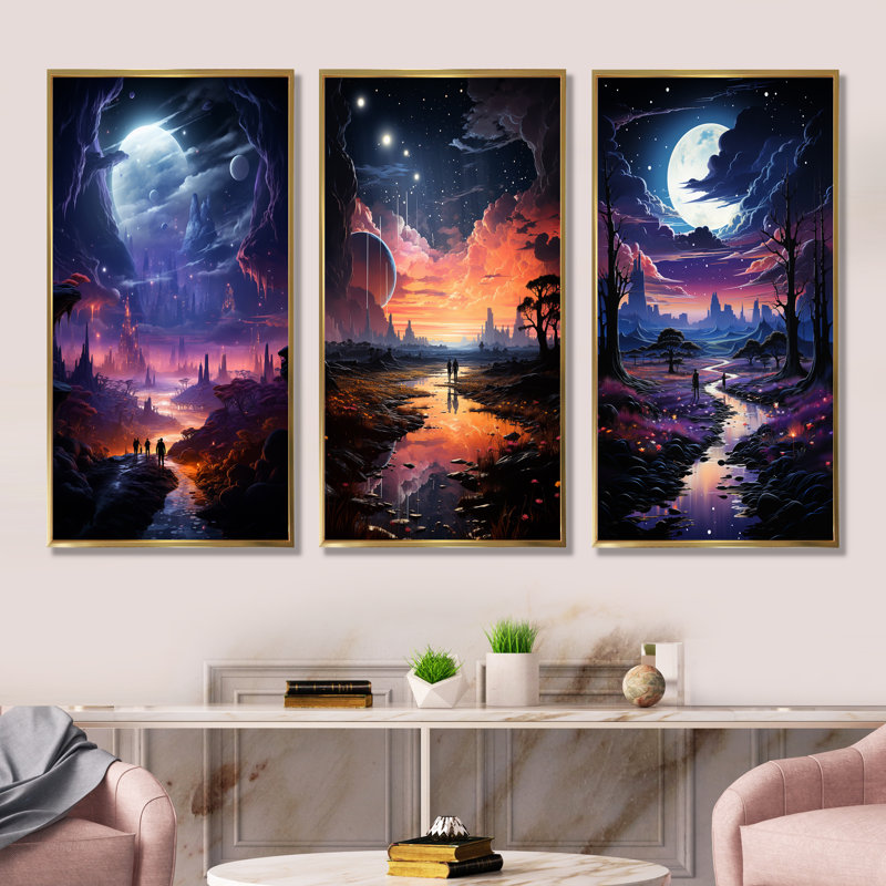«Blue and Pink Astral Walk To The Moon I», ensemble de 3 impressions sur art mural, Cadre flottant doré, H 40 po x l 60 po