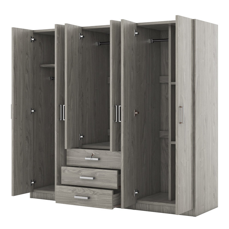 Rangement pour garde-robe en bois à 6 portes avec 6 grands tiroirs, Grey