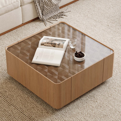 Table basse de 31,5 pouces carrée avec tiroirs de rangement, table basse moderne en bois avec plateau en verre, tables de centre de table de thé pour le bureau de salon, noyer