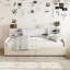 Lit plateforme simple tapissier avec 2 tiroirs de rangement et tablettes latérales, cadre de lit en velours, beige
