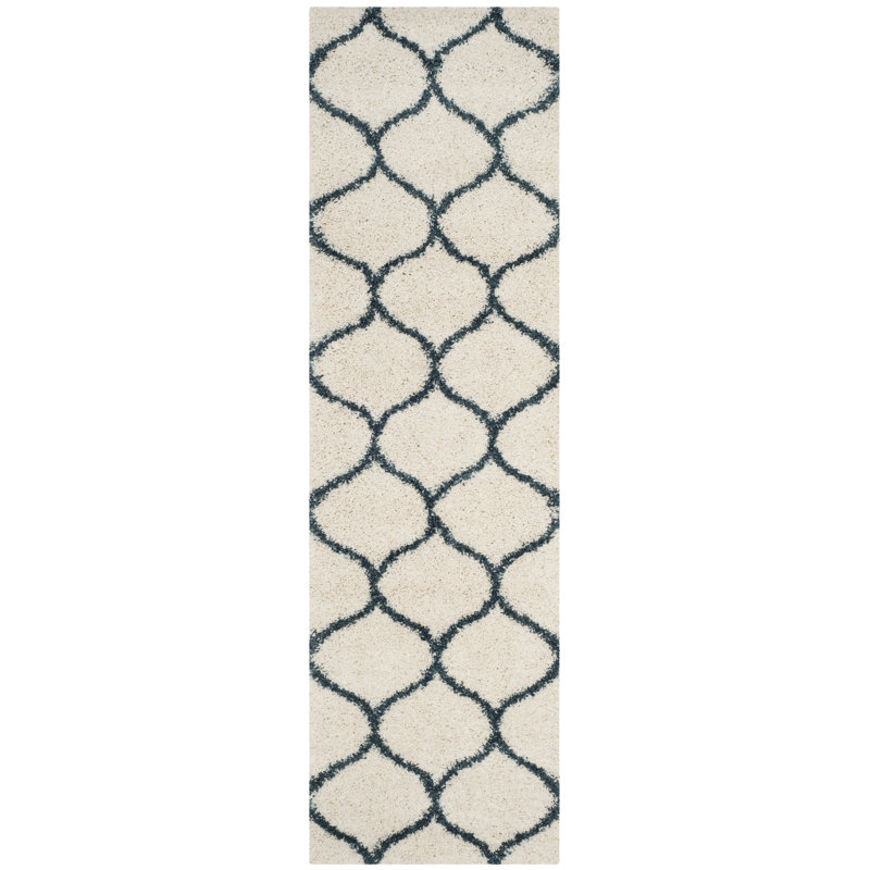 Tate Hudson Shag Performance Geometric Rug, Ivory/Slate Blue, Runner 2'3" x 16'