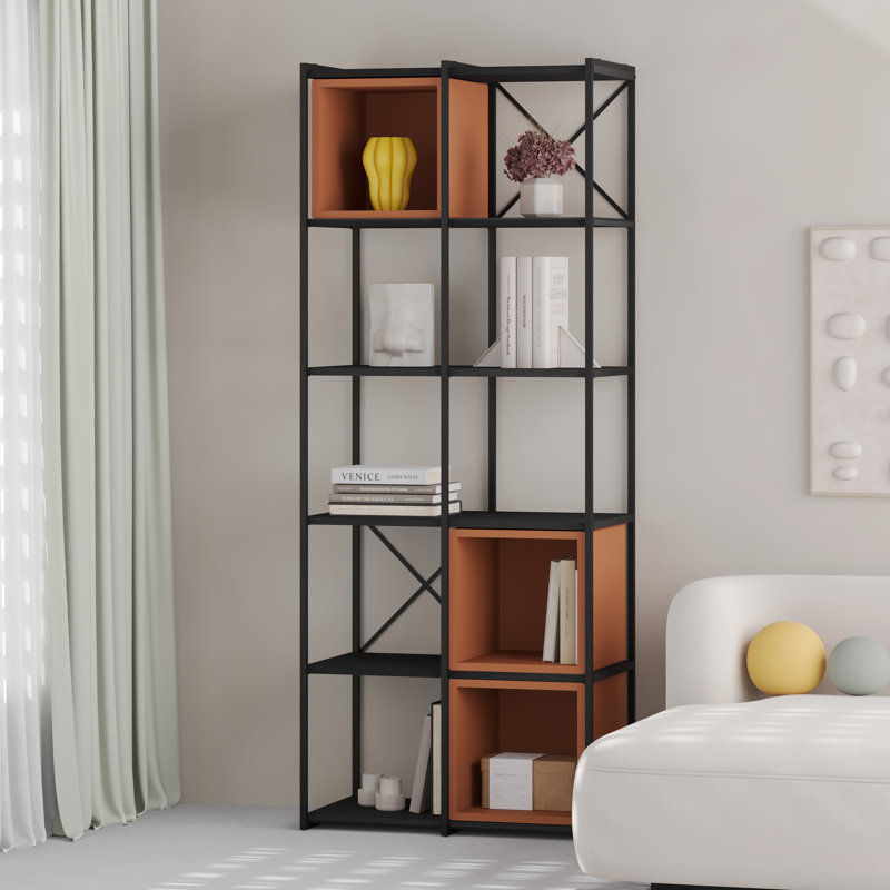 Vale 5-Shelf Display Bookcase with Cross Metal Frame, Black/Cinnamon