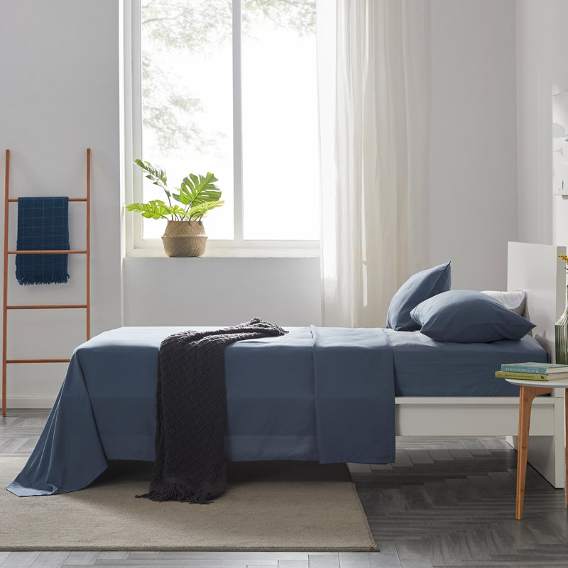 Microfiber Percale Sheet Set, King Sheet Set + Fitted Sheet + 2 Pillowcases, Flint Blue