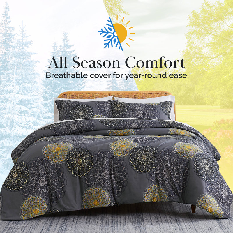 Midnight Floral Duvet Cover Set, Twin Duvet Cover + 1 Shams, Black
