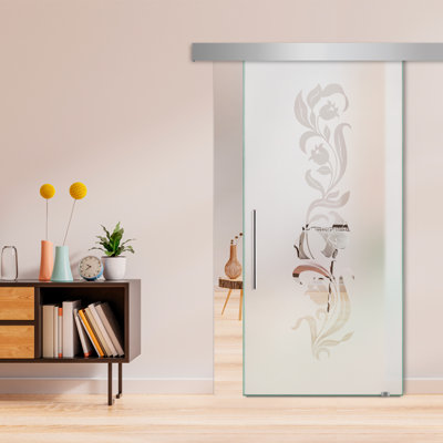 Porte de grange coulissante en verre sans cadre avec design moderne sablé et quincaillerie (semi-privée)