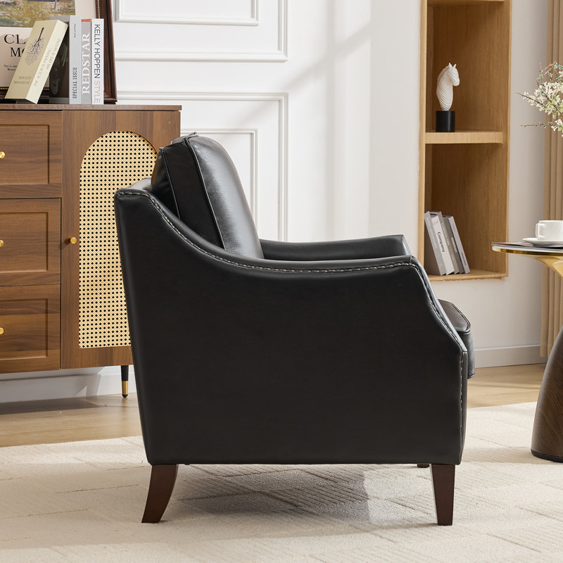 33.4" W Genuine Leather Upholstered Accent Armchair, Black