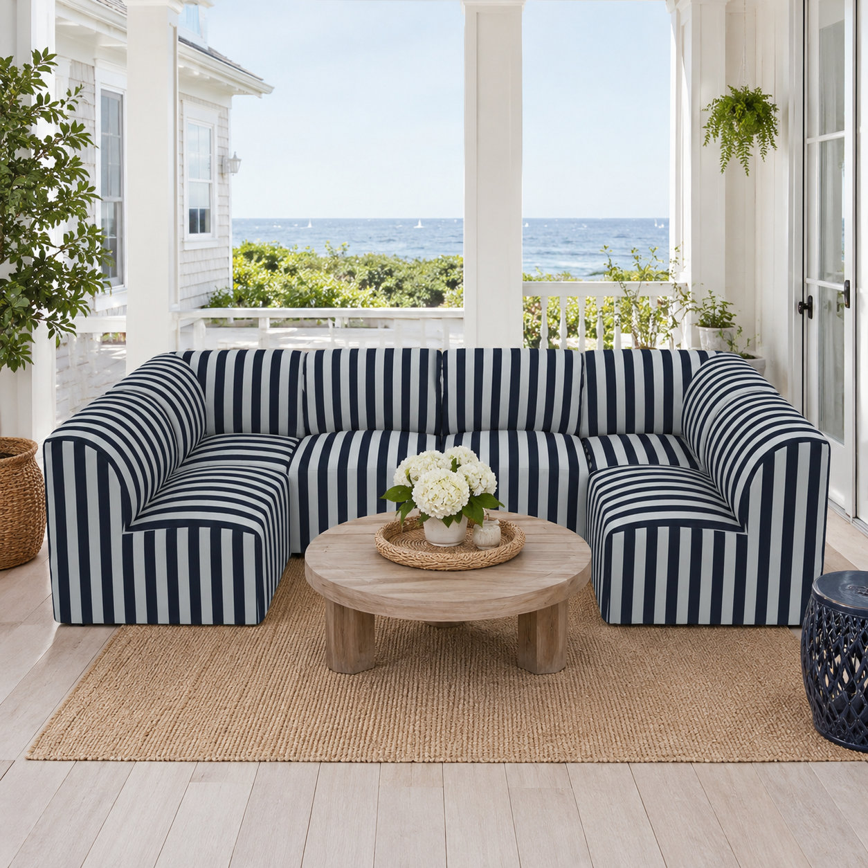 Praia 124" Sunbrella® Patio Sectional, Expressive Mist Striped Sunbrella®
