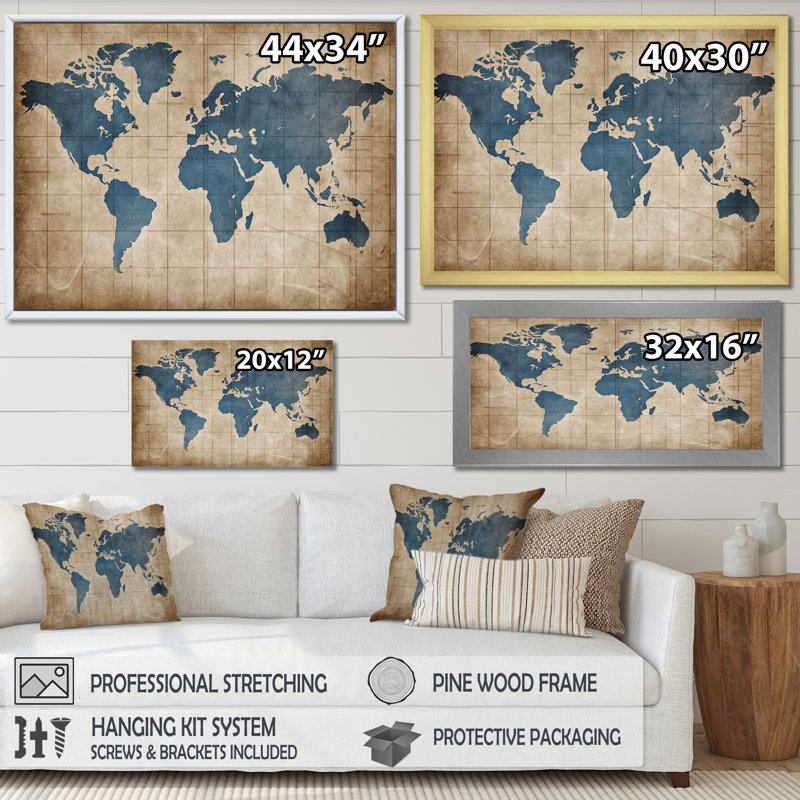 Ancienne carte du monde II - Impressions encadrées carte du monde, H 12 po x l 20 po x P 1 po, Cadre flottant doré