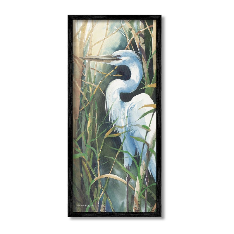 «Egret & Marshland Leaves», art de la giclée encadrée par John Rossini, Giclée encadrée noir minuit, H 30 po x l 13 po