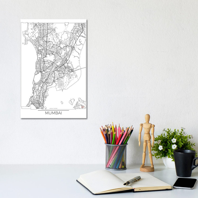 Mumbai Minimal Urban Blueprint Map by Hubert Roguski - Wrapped Canvas Gallery-Wrapped Canvas Giclée, 30.48cm H x 20.32cm W