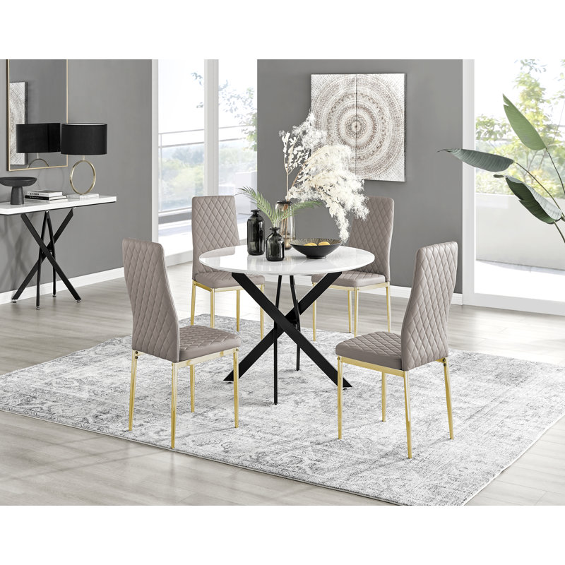 Tierra Sleek White Gloss Round Dining Table Set with 4 Faux Leather Upholstered Dining Chair, Cappuccino/Gold
