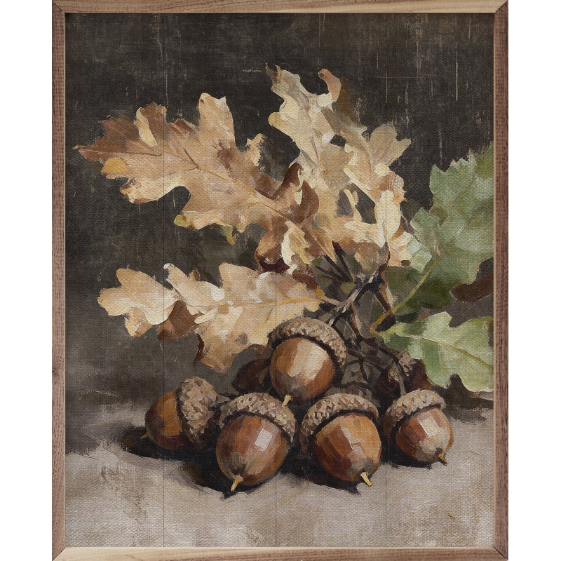 Nature morte aux feuilles de chêne et aux glands, H 10 po x l 8 po