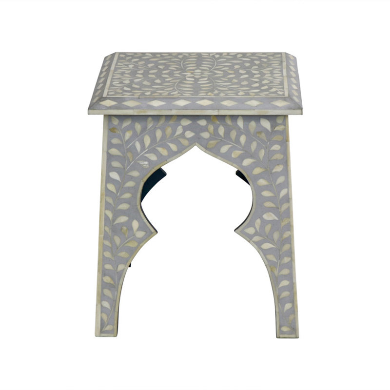 Sky Blue Solid Wood Rectangular End Table with Bone Inlay