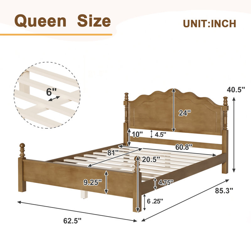 Lit plateforme en bois avec tête de lit et lattes, Queen, Chêne foncé