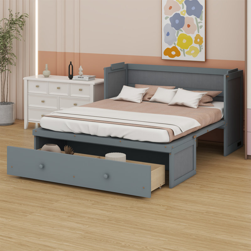 Grand lit escamotable avec port USB et tiroir, Blanc, Grand lit
