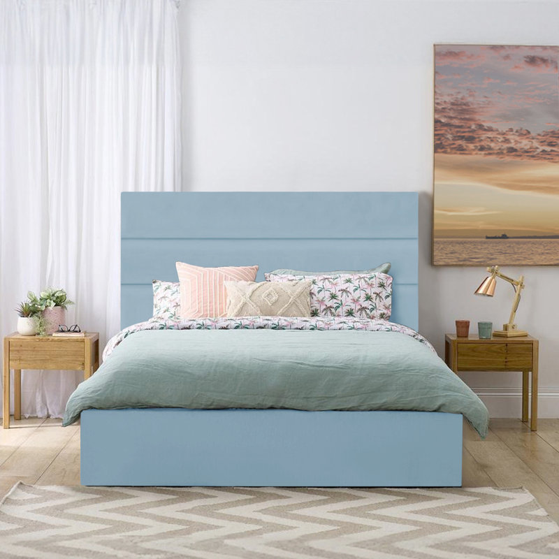 Lavetra Upholstered Velvet Bed, Double (4'6), Sky Blue