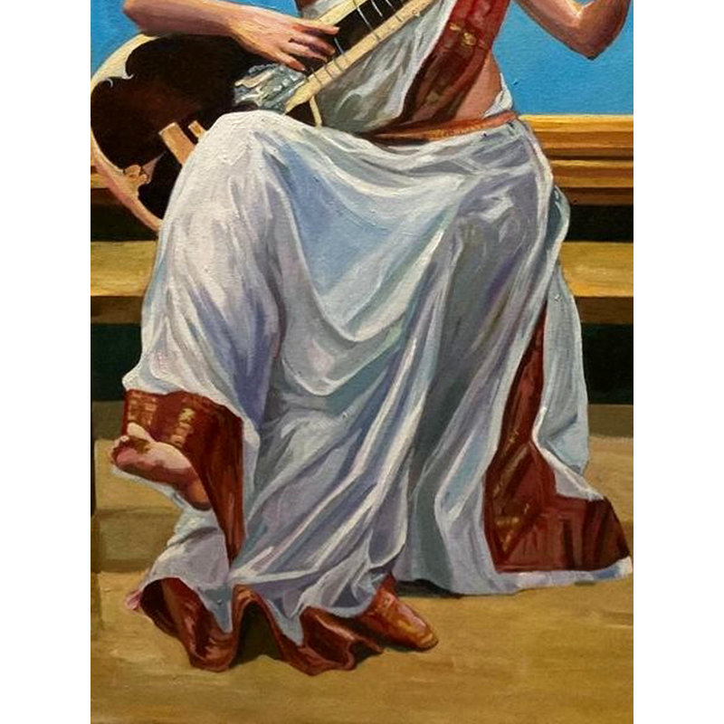 Dame jouant à Sitar | Acrylique sur toile | Par Rajkumar Sarkar