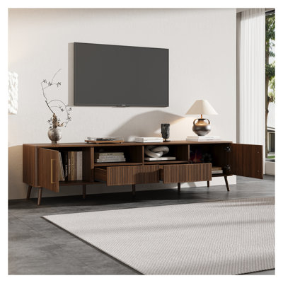 78-inch Walnut TV Stand for TVs up to 85", Modern Entertainment Center with Soft-Close Doors, Open Shelf & Cable Management, Solid Wood Legs Media Con