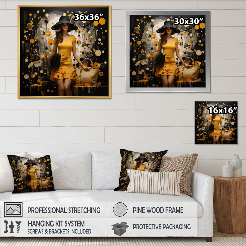 «Yellow Fashionistas Dream Pointillism II» - Imprimé, H 16 po x l 16 po x P 1 po, Cadre simple noir