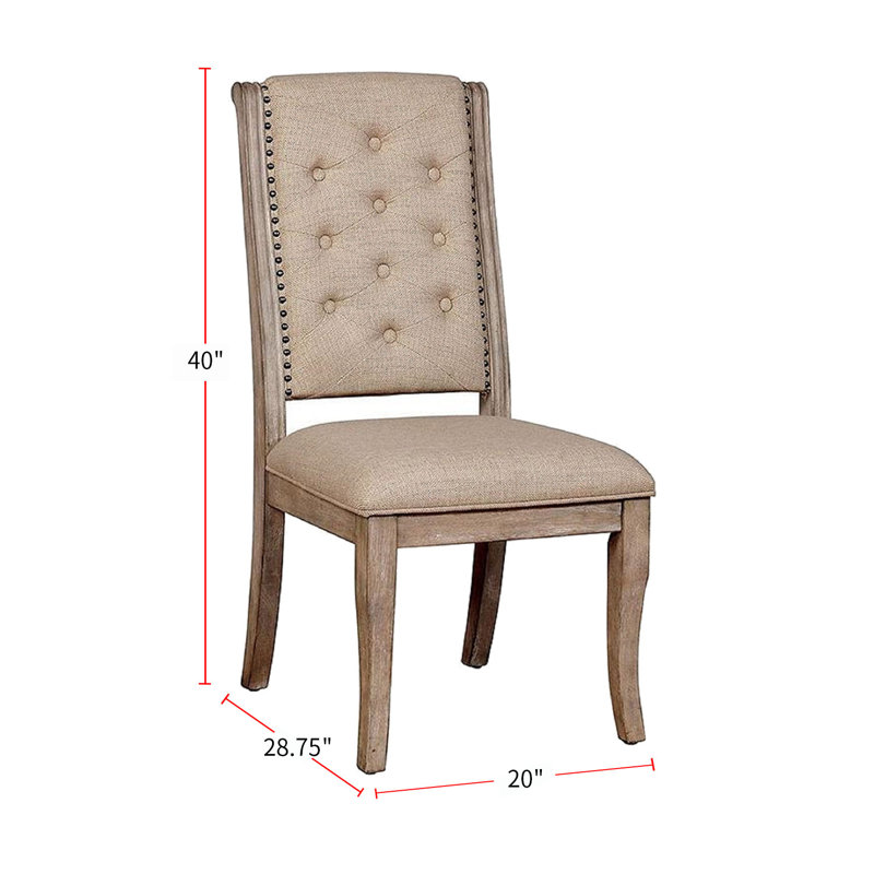 Beige Upholstered Side Chair with Rustic Wood Frame, Set of 2