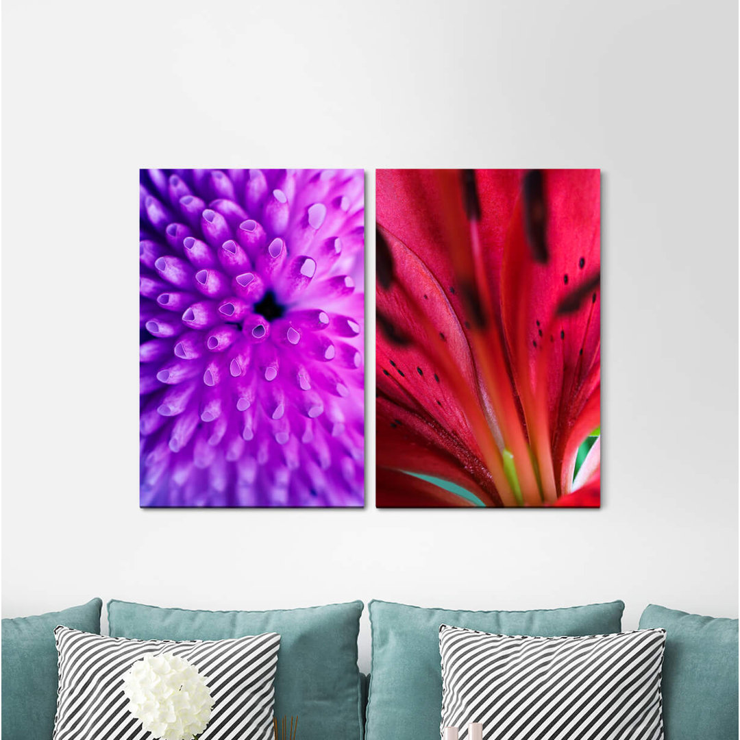 2-tlg. Leinwandbilder-Set - Fotografie „Dahlia Flower Blossom Water Drops Green Red”