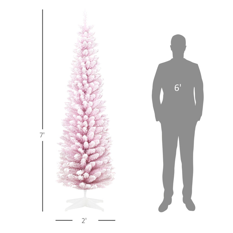 HOMCOM 7' Pink Snow-Flocked Artificial Pencil Christmas Tree with Stand
