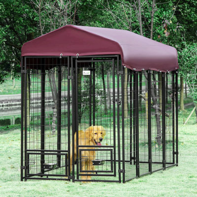 Chenil d'extérieur pour chien 8 pi x 4 pi x 6 pi avec porte-bol rotatif, parc pour animaux de compagnie, acier en fil soudé avec eau et auvent résistant aux rayons UV