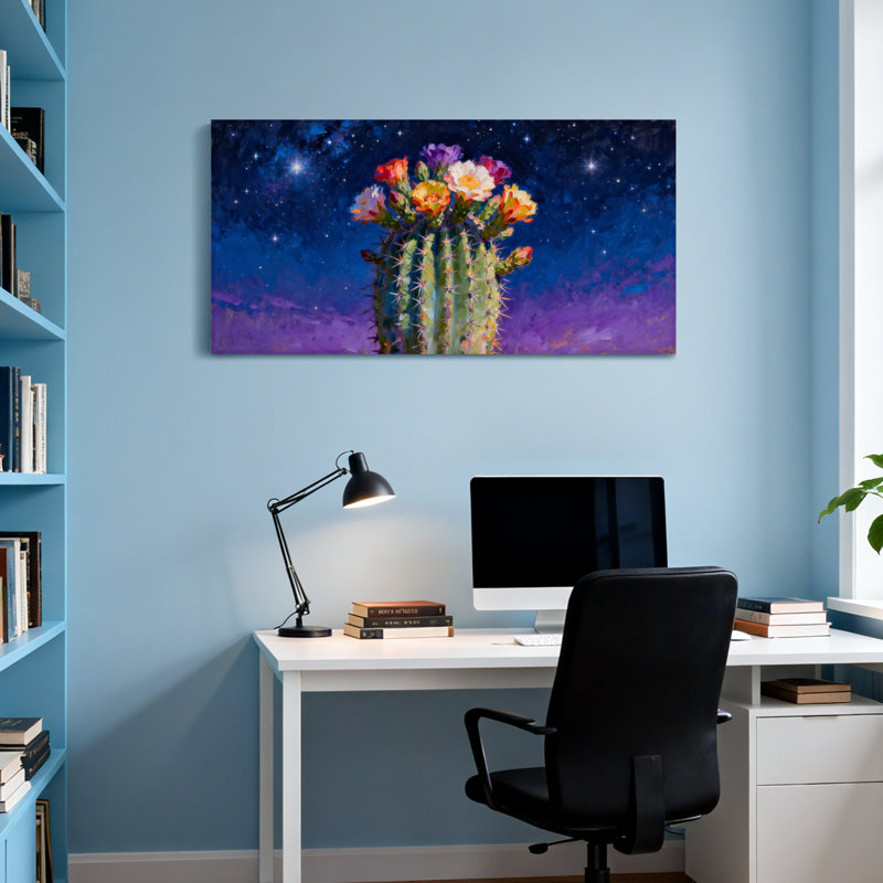 Plantes et fleurs de cactus sous le ciel étoilé, H 16 po x l 32 po