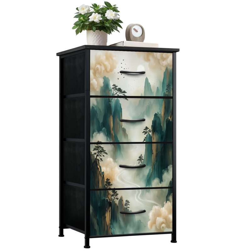 Dresser for Bedroom with 4 Storage Drawers Misty Mountain Landscape Winding River Pine Trees Traditional Chinese Dressers Chest of Drawers Steel Framed Fabric Closet Organizers for Dorm Entryway