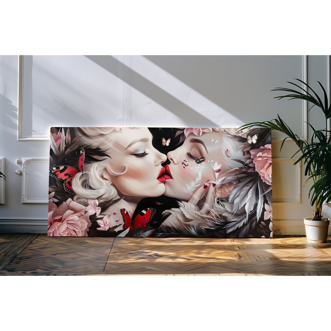 Wandbild 120x60cm Porträt von zwei jungen Frauen Kuss rote Lippen Blumen Schmetterlinge