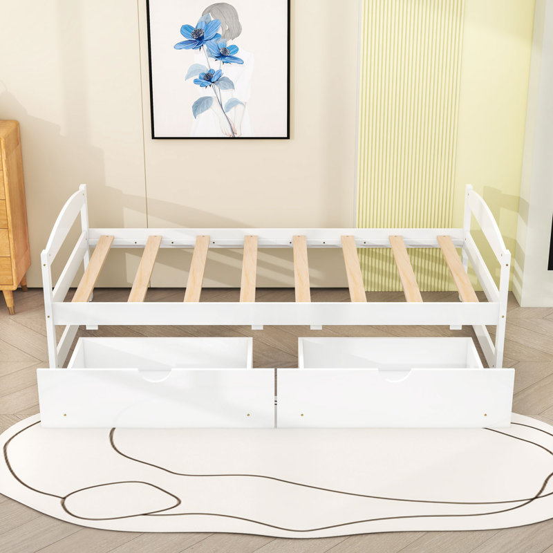 Lit plateforme simple en bois avec 2 tiroirs, Blanc
