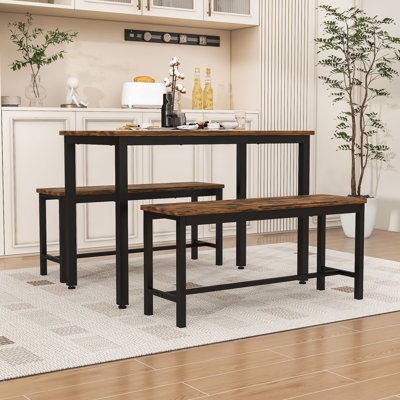 Ensemble de table de salle à manger 3 pièces, table rectangulaire industrielle avec 2 bancs et structure en métal durable