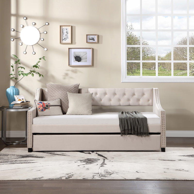 Upholstered Daybed With Trundle, Twin Size Frame, Velvet, Beige, Twin